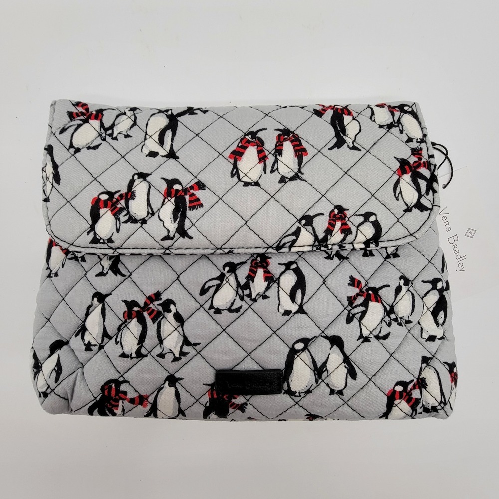 Vera Bradley Brush & Cosmetic Case Playful Penguins Gray Makeup Bag NWT Quilted